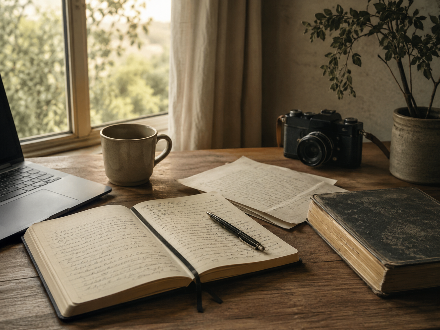 A quiet workspace with a notebook, manuscript pages, Bible, laptop, camera, and soft natural light